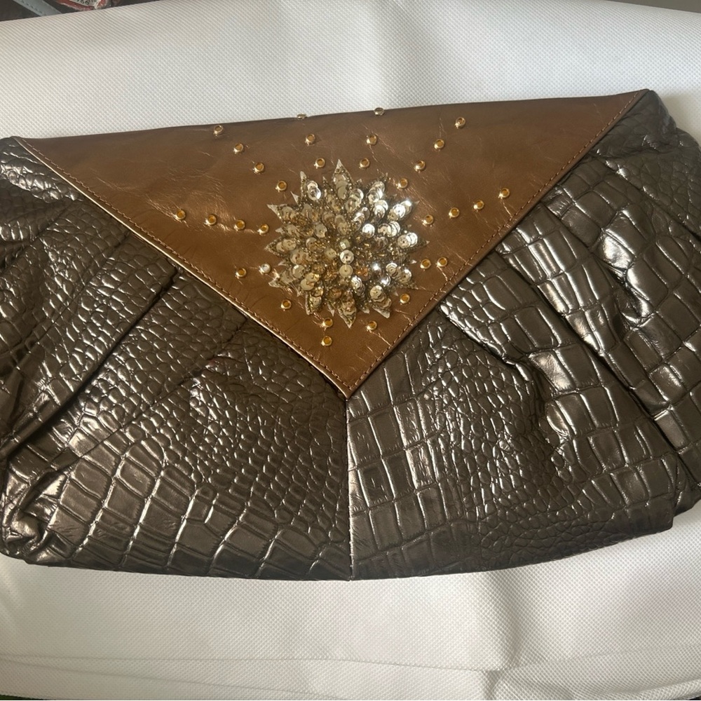Elegant Brown Crocodile-Embossed Clutch